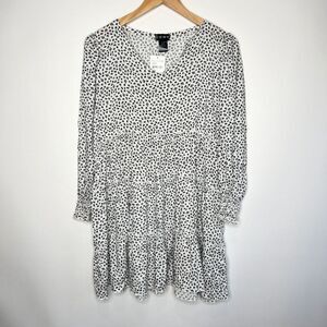 CENY Tiered Tunic Smocked Micro Floral Print Black White Women's Small NWT